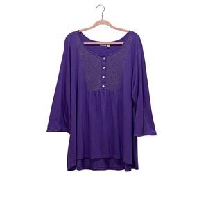 LOGO LORI GOLDSTEIN Purple 3/4 Sleeve Top Lace Accent XLARGE Lightweight Peasant